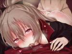  1boy 1girl after_sex ahegao azur_lane bed_sheet blush bottomless bow breasts brown_hair cleavage clothed_sex coat cum cum_on_ass cum_on_clothes cum_on_hair ejaculation english_commentary hair_between_eyes hair_bow heart heart-shaped_pupils jean_bart_(azur_lane) long_hair long_sleeves looking_at_viewer lying on_stomach osoishoya ponytail red_eyes rolling_eyes saliva solo_focus spanked steam sweat symbol-shaped_pupils tongue tongue_out 