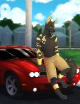  2019 4_toes 5_fingers abs anubian_jackal barefoot black_body black_fur canid canine canis car clothed clothing day detailed_background digital_media_(artwork) fingers fur jackal male mammal outside silvyr sky solo toes topless vehicle yellow_eyes 