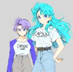  1boy 1girl arm_at_side arms_at_sides belt blue_eyes blue_hair breasts bulma capsule_corp clothes_writing cowboy_shot denim dragon_ball dragon_ball_z expressionless eyelashes floating_hair frown grey_background grey_pants hand_on_hip happy jeans legs_apart libeuo_(liveolivel) long_hair long_sleeves looking_up medium_breasts mother_and_son pants purple_hair shirt shirt_tucked_in short_sleeves simple_background smile standing torn_clothes torn_jeans torn_pants track_pants trunks_(future)_(dragon_ball) white_shirt 