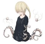  1girl bangs black_dress blonde_hair blush creature cropped_torso dress facial_mark highres long_sleeves looking_away looking_down original short_hair_with_long_locks shy simple_background solo sphere tentacles watae_suien white_background yushika 