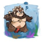  1:1 2019 anthro asian_clothing belly bonbonbear brown_body brown_fur canid canine clothing east_asian_clothing fundoshi fur goemon_(tas) humanoid_hands japanese_clothing male mammal moobs navel nipples overweight overweight_male raccoon_dog solo tanuki tokyo_afterschool_summoners underwater underwear video_games water 