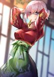  1girl arms_up bangs black-framed_eyewear blurry blurry_background bow breasts closed_mouth collarbone depth_of_field eyebrows_visible_through_hair eyes_visible_through_hair fate/grand_order fate_(series) glasses green_bow green_hakama hair_bun hair_over_one_eye hakama hakuishi_aoi highres japanese_clothes kimono mash_kyrielight medium_breasts mouth_hold pink_hair purple_eyes red_kimono ribbon ribbon_in_mouth solo tying_hair yellow_ribbon 