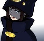  1girl androgynous boogiepop boogiepop_(character) brown_hair cloak foguba hat highres short_hair silver_eyes simple_background smile solo 