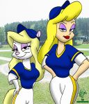  animaniacs baseball_(sport) bigtyme black_eyes blonde_hair blue_eyes clothing eyeshadow female fur hair hat headgear headwear hello_nurse human lipstick makeup mammal minerva_mink mink mustelid musteline photo_background smile sport uniform warner_brothers white_body white_fur 