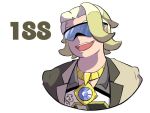  1boy blonde_hair brown_jacket closed_eyes cropped_torso jacket jewelry makuwa_(pokemon) male_focus necklace number open_mouth pokemon pokemon_(game) pokemon_swsh simple_background smile solo sunglasses upper_teeth white_background 
