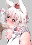  1girl animal_ears blush breasts commentary_request cum cum_in_mouth eyebrows_visible_through_hair fellatio grey_background hat heart heart-shaped_pupils hetero highres inubashiri_momiji male_pubic_hair oral penis pubic_hair red_eyes red_headwear shishi_juuroku short_hair simple_background solo_focus spoken_heart symbol-shaped_pupils tokin_hat touhou uncensored upper_body white_hair wolf_ears 