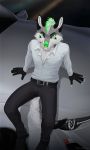  2019 anthro canid canine canis car clothed clothing digital_media_(artwork) green_eyes green_nose lynncore male mammal sitting smile solo vehicle wolf 