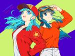  2girls :d alternate_color alternate_hair_color aqua_hair back-to-back bangs baseball_cap blue_background blue_eyes blue_hair blunt_bangs breasts bulma buttons chi-chi_(dragon_ball) clothes_writing dragon_ball dragon_ball_(classic) english_text eyelashes fingernails floating_hair goggles goggles_on_head green_background hand_in_pocket happy hat hime_cut jacket leather leather_jacket libeuo_(liveolivel) long_hair long_sleeves looking_at_viewer looking_away medium_breasts multiple_girls open_mouth orange_shirt pants ponytail red_headwear red_jacket shiny shiny_clothes shiny_hair shirt sidelocks simple_background smile star striped striped_background teeth text_focus two-tone_background upper_body upper_teeth white_pants white_shirt 