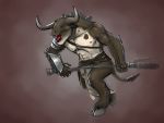  anthro armor bovid bovine european_mythology fangs full-length_portrait greek_mythology horn male mammal minotaur mythology portrait simple_background sirtroglodon solo weapon 