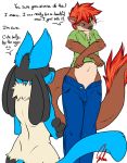  2018 anthro biped black_body black_fur blue_body blue_eyes blue_fur brown_body brown_fur clothed clothing comic dialogue digital_drawing_(artwork) digital_media_(artwork) duo english_text front_view fur green_eyes hair heterochromia hi_res lucario lutrine male mammal mustelid nintendo nude pok&eacute;mon pok&eacute;mon_(species) rear_view red_hair shadowponi signature standing tail_tuft text tuft undressing video_games whiskers white_body white_fur 