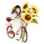  1girl bag bicycle bicycle_basket brown_eyes brown_hair closed_mouth commentary_request dagashi-ya_dekoboko-dou_to_majo_no_drop dress flower full_body ground_vehicle handbag hat hat_around_neck highres long_hair long_sleeves looking_at_viewer neckerchief niwa_haruki official_art red_neckwear sailor_dress sandals shoulder_bag simple_background smile solo standing straw_hat sunflower twintails white_background white_dress yellow_flower 