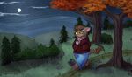  autumn blue_eyes brown_body brown_fur crownedvictory fur hi_res hill hooves lgbt_pride mammal moon night path plant pride_colors rock scarf shaded shrub suid suina sus_(pig) transgender_pride_colors tree wild_boar 