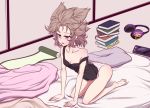  1girl arm_support ass bare_arms bare_legs bare_shoulders barefoot benizuwai black_tank_top blanket book_stack breasts brown_eyes brown_hair cleavage collarbone commentary_request drooling earmuffs earmuffs_removed futon indoors kneeling nintendo_switch open_mouth panties pink_panties pointy_ears scroll short_hair sidelocks small_breasts solo strap_slip tank_top thighs touhou toyosatomimi_no_miko underwear 