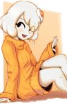  1girl artymono black_eyes borrowed_character egg feet_out_of_frame goo_girl highres long_sleeves looking_at_viewer monster_girl open_mouth orange_sweater original ribbed_sweater simple_background sitting solo sweater 