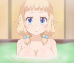  1girl absurdres bangs bath bathhouse blonde_hair blue_eyes blush breasts cleavage collarbone hair_bobbles hair_ornament highres large_breasts looking_at_viewer new_game! nude open_mouth partially_submerged poa_mellhen sakura_nene solo twintails upper_body water 
