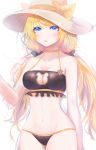  1girl akan817 animal_ears bare_shoulders black_bra black_panties blonde_hair blue_eyes bow bra cat_ears choker cleavage_cutout collarbone cowboy_shot ears_through_headwear frilled_bra frills groin hair_bow halter_top halterneck hat hat_bow king&#039;s_raid long_hair looking_at_viewer low_twintails navel panties rodina_(king&#039;s_raid) simple_background solo stomach sun_hat twintails underwear very_long_hair white_background 