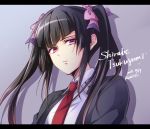  artist_name black_hair character_name dated from_below hair_ribbon highres kiraki letterboxed long_hair looking_at_viewer necktie red_eyes ribbon school_uniform senki_zesshou_symphogear simple_background sparkle star tsukuyomi_shirabe twintails upper_body 