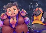  ... 2019 anthro b2xa1 barghest_(tas) blush bottomwear bulge clothing duo human humanoid_hands male mammal moon night overweight overweight_male shirt shorts shot_(disambiguation) tokyo_afterschool_summoners topwear ursid video_games 