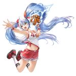  1girl ahoge arm_up armpits bare_shoulders blue_hair breasts floating_hair full_body hair_between_eyes jersey king&#039;s_raid legs_up long_hair looking_away medium_breasts midriff navel non-web_source official_art open_mouth outstretched_arm red_footwear red_shorts shirt shoes short_shorts shorts sidelocks sleeveless sleeveless_shirt sneakers socks solo sonia_(king&#039;s_raid) sweatband transparent_background twintails v-shaped_eyebrows very_long_hair white_legwear white_shirt yellow_eyes 