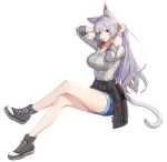 1girl animal_ear_fluff animal_ears arms_behind_head arms_up bare_legs belt blue_shorts breasts bunching_hair buttons cat_ears cat_girl cat_tail collarbone crossed_legs denim denim_shorts full_body grey_shirt hair_ornament hair_tie_in_mouth hairclip highres invisible_chair king&#039;s_raid kirze large_breasts long_hair looking_at_viewer mouth_hold non-web_source official_art pouch red_eyes shirt shirt_tucked_in shoes short_shorts shorts silver_hair sitting smile sneakers solo tail thighs transparent_background wrist_cuffs 