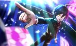  1boy :d ahoge black_hair black_pants black_shirt clenched_hand danganronpa glass_shards indoors light_rays long_sleeves male_focus new_danganronpa_v3 open_mouth pants pointing saihara_shuuichi shards shirt sinohira_rin smile solo stained_glass standing striped striped_pants striped_shirt sunlight vertical_stripes yellow_eyes 