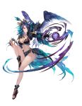  1girl animal bare_legs bird black_gloves blue_hair breasts brown_eyes claws cleavage collarbone earrings eyes_visible_through_hair facial_mark feathers forehead_mark full_body gloves hair_bun hair_ornament hair_over_one_eye hair_stick hairpin highres jewelry king&#039;s_raid knee_up large_breasts long_hair long_sleeves looking_at_viewer magic maria_(king&#039;s_raid) midriff multicolored_hair navel non-web_source official_art open_toe_shoes orb outstretched_arm purple_hair raven_(animal) revealing_clothes solo thighs tied_hair transparent_background two-tone_hair 