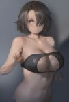  1girl bandeau bangs bare_shoulders breasts brown_hair cleavage collarbone cropped_torso grey_background hair_over_one_eye hands_up highres long_hair looking_at_viewer navel original parted_bangs short_hair sidelocks smile solo stomach yohan1754 