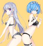  2girls bangs bare_shoulders black_bra black_legwear black_panties blue_hair blush bra braid breasts emilia_(re:zero) eyebrows_visible_through_hair french_braid frills ginsake hair_over_one_eye hair_ribbon long_hair looking_at_viewer maid_headdress medium_breasts multiple_girls panties pink_ribbon pointy_ears re:zero_kara_hajimeru_isekai_seikatsu rem_(re:zero) ribbon short_hair simple_background smile thighhighs underwear wrist_cuffs yellow_background 