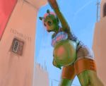  2016 alien antennae_(anatomy) belly bent_over big_belly blue_sky bottomwear breasts clothing contrail day female food_inflation green_body green_skin grey_clothing grey_topwear hair hand_on_stomach hyper hyper_belly inflation izarra_serpense leaning_against_wall navel orange_bottomwear orange_clothing orange_shorts outie_navel pink_hair rodian shorts sky solo star_wars susfishous text topwear 
