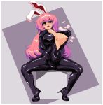  1girl alternate_costume animal_ears areolae bangs black_suit blush bodysuit breast_suppress breasts breasts_outside bunny_ears cleavage commentary eyebrows_visible_through_hair grabbing hand_on_breast high_heels large_breasts legs_apart long_hair looking_at_viewer navel nipples nose_blush open_mouth pixel_art purple_hair red_eyes reisen_udongein_inaba self_shot shadow sitting sitting_on_object solo sweat takorin tareme tiptoes touhou 