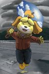  animal_crossing canid canine canis domestic_dog hi_res isabelle_(animal_crossing) mammal nintendo overcast raining sky video_games 