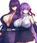  2girls bangs bb_(fate)_(all) bb_(fate/extra_ccc) belt black_dress black_skirt breasts center_opening closed_mouth collared_dress contemporary detached_sleeves dress fate/extra fate/extra_ccc fate/grand_order fate_(series) hair_between_eyes hair_ribbon high-waist_skirt jewelry large_breasts long_hair long_sleeves melon22 multiple_girls necklace open_mouth pencil_skirt pendant purple_eyes purple_hair red_eyes red_ribbon ribbed_sweater ribbon scathach_(fate)_(all) scathach_(fate/grand_order) simple_background skirt sleeveless sleeveless_turtleneck smile sweater turtleneck very_long_hair white_background 