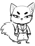  2019 ambiguous_gender anthro black_and_white canid canine cheek_tuft chibi clothed clothing coat facial_tuft fox fuel_(artist) inner_ear_fluff mammal monochrome simple_background solo standing topwear trenchcoat tuft white_background 