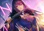  1girl backlighting bangs blue_sky blush breasts detached_collar dress fate/grand_order fate_(series) feather_trim hair_between_eyes holding holding_wand jewelry kyon_(fuuran) large_breasts long_hair long_sleeves looking_at_viewer parted_lips pendant purple_dress purple_hair red_eyes runes scathach_(fate)_(all) scathach_skadi_(fate/grand_order) sky solo tiara wand wide_sleeves 