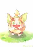  blush breasts commentary_request dog fangs full_body gen_8_pokemon grass green_eyes hitofutarai looking_at_viewer no_humans open_mouth pokemon pokemon_(creature) pokemon_(game) pokemon_swsh running skin_fangs tongue tongue_out twitter_username white_background yamper 