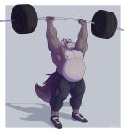  2019 anthro barbell big_muscles bodily_fluids bottomwear canid canine canis clothed clothing conal_(character) exercise fur grey_body grey_fur grey_hair hair hi_res huge_muscles male mammal manlyster multicolored_body multicolored_fur musclegut muscular muscular_male nipples pants pink_nipples pink_nose plantigrade sneakers solo standing sweat tight_clothing topless two_tone_body two_tone_fur weightlifting wolf workout 