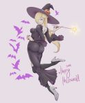  1girl animal ass bat black_dress black_legwear blonde_hair blue_eyes breasts closed_mouth commentary dress earrings from_behind full_body hair_over_one_eye halloween hat high_heels highres holding jewelry kumanz leg_up lips long_dress long_hair looking_at_viewer medium_breasts nintendo purple_background rosalina simple_background skin_tight smile solo star star_earrings super_smash_bros. thighs wand witch_hat 