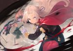  1girl axe bangs black_dress black_jacket braid cape commentary_request cropped_jacket dress edelgard_von_hresvelg fire_emblem fire_emblem:_three_houses furukawa_itsuse gloves hair_ribbon holding holding_axe jacket light_brown_hair long_hair long_sleeves looking_at_viewer monster pantyhose parted_bangs parted_lips purple_eyes purple_ribbon red_cape red_legwear ribbon slashing solo_focus v-shaped_eyebrows very_long_hair white_gloves 