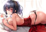  1girl :p absurdres ahoge ass azur_lane bangs bare_back bare_shoulders black_hair black_panties blush breasts champagne_flute cocktail_dress commentary_request cup denchu_(kazudentyu) dress drinking_glass eyebrows_visible_through_hair hair_between_eyes hair_ornament highres large_breasts long_hair looking_at_viewer lying on_stomach panties pouring_onto_self red_dress red_eyes solo taihou_(azur_lane) taihou_(forbidden_feast)_(azur_lane) tongue tongue_out underwear very_long_hair 
