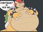  2018 4:3 animated anthro belly belly_fondling belly_play belly_rub big_belly biped bowser claws collar digital_media_(artwork) english_text green_body green_scales green_shell hair hand_on_stomach horn koopa kuiko looking_at_viewer male mario_bros mouth_shot nintendo nude open_mouth pred red_hair scales scalie shell simple_background soft_vore solo spikes standing teeth text tongue uvula video_games vore yellow_body yellow_scales 