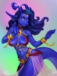  5_fingers anthro blue_body blue_scales breasts dragon female fingers genie levelviolet looking_at_viewer midriff navel non-mammal_breasts scales smile solo wingless_dragon yellow_eyes 