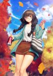  1girl absurdres aqua_jacket autumn autumn_leaves bag black_hair blue_sky braid brown_skirt can cellphone closed_mouth cloud collarbone commentary_request day ginkgo_leaf glasses glint hair_over_shoulder highres holding holding_can holding_phone jacket leaf leaves_in_wind long_hair long_sleeves looking_at_viewer maple_leaf miniskirt open_clothes open_jacket original outdoors pencil_skirt phone red-framed_eyewear red_eyes round_eyewear shirt shoulder_bag skirt sky smartphone smile soda_can solo standing striped thighs twin_braids twintails white_shirt y.i._(lave2217) 