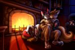  2018 ambiguous_gender anthro barefoot black_body black_fur blue_eyes canid canine canis chibity clothed clothing detailed_background dingo domestic_dog duo embrace feet fire fireplace fur happy hi_res hug husky inside licking light lighting mammal multicolored_body multicolored_fur night nordic_sled_dog one_eye_closed onesie pawpads plant plushie potted_plant red_body red_fur romantic_couple sitting spitz tan_body tan_fur tongue tongue_out white_body white_fur 