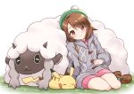  1girl :3 backpack bag bangs blush brown_eyes brown_hair cardigan closed_eyes commentary_request dress eyebrows_visible_through_hair female_protagonist_(pokemon_swsh) gen_8_pokemon green_headwear grey_cardigan hat horns long_sleeves looking_at_viewer pikachu pink_dress pokemon pokemon_(creature) pokemon_(game) pokemon_swsh profnote sheep short_hair simple_background sitting sleeping smile tam_o&#039;_shanter white_background wooloo 