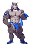  2019 5_fingers abs anthro biceps big_muscles blue_eyes bodily_fluids bulge canid canine canis clothed clothing conal_(character) eyebrows fingers fur grey_body grey_fur grey_hair hair headphones hi_res looking_at_viewer male mammal multicolored_body multicolored_fur muscular muscular_male nipples pecs penis_outline pink_nipples pink_nose plantigrade simple_background sneakers solo standing sweat taoren thick_eyebrows topless towel two_tone_body two_tone_fur white_background wolf 