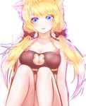  1girl akan817 animal_ears bare_shoulders black_bra blonde_hair blue_eyes bow bra breasts cat_ears choker cleavage cleavage_cutout collarbone hair_bow hair_over_shoulder halter_top halterneck king&#039;s_raid knees_up large_breasts long_hair looking_at_viewer low_twintails rodina_(king&#039;s_raid) simple_background sitting solo swimsuit twintails underwear underwear_only white_background 
