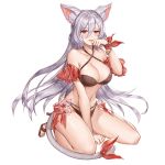  1girl animal_ear_fluff animal_ears bare_shoulders between_legs bikini black_bikini breasts cat_ears cat_girl cat_tail chain cleavage collarbone criss-cross_halter hair_between_eyes halterneck hand_up high_heels king&#039;s_raid kirze large_breasts long_hair looking_at_viewer navel non-web_source official_art red_eyes ribbon sandals silver_hair sitting solo stomach swimsuit tail tail_ribbon thighs tongue tongue_out transparent_background wariza wrist_ribbon 