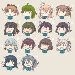  6+girls akigumo_(kantai_collection) asashimo_(kantai_collection) astcd2 black_hair braid brown_hair commentary english_commentary fujinami_(kantai_collection) glasses green_hair grey_background grin hair_over_one_eye hamanami_(kantai_collection) hayanami_(kantai_collection) hayashimo_(kantai_collection) head_only highres kantai_collection kazagumo_(kantai_collection) kiyoshimo_(kantai_collection) makigumo_(kantai_collection) multiple_girls naganami_(kantai_collection) okinami_(kantai_collection) open_mouth pink_hair ponytail side_ponytail silver_hair simple_background single_braid smile takanami_(kantai_collection) twintails yuugumo_(kantai_collection) ||_|| 