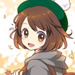  1girl :d autumn_leaves ayamisiro backpack bag bangs blush brown_eyes brown_hair falling_leaves female_protagonist_(pokemon_swsh) from_side green_headwear hood hood_down leaf looking_at_viewer looking_to_the_side open_mouth pokemon pokemon_(game) pokemon_swsh short_hair signature smile solo swept_bangs tam_o&#039;_shanter tareme upper_body 