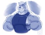  2019 anthro big_muscles bust_portrait canid canine canis clothing conal_(character) eyebrows huge_muscles looking_at_viewer male mammal monochrome muscular muscular_male nipples portrait shirt simple_background siriusdog smile tank_top thick_eyebrows tight_clothing topwear wolf 